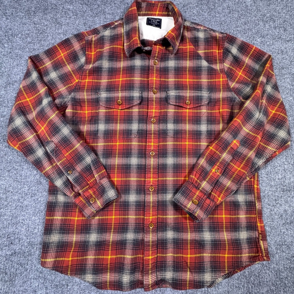 Abercrombie & Fitch Mens XXL Red Black Plaid Flannel Long Sleeve Button Up Shirt
